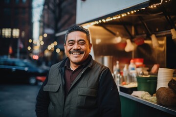 Fototapeta premium Smiling portrait of a middle aged mexican food truck owner working in his food truck in the city