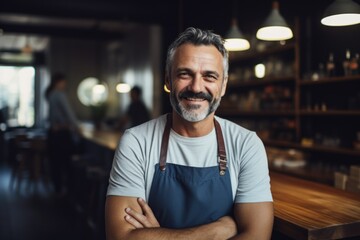 Obraz premium Smiling portrait of a happy middle aged caucasian small busness and restaurant owner in his restaurant