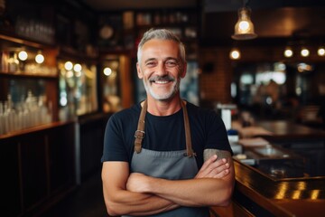 Obraz premium Smiling portrait of a happy middle aged caucasian small busness and restaurant owner in his restaurant