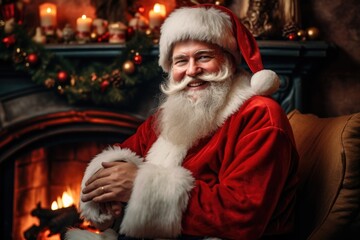 Smiling santa claus in a cozy home with a fireplace decorated for christmas and the new year holiday