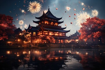 Firework up at traditional chinese building. New year 2024