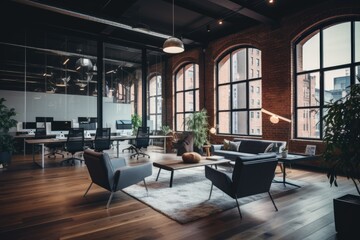Interior of a modern business office of a startup company designed in a nordic contemporary style