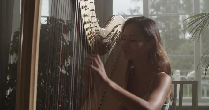 Graceful female harp player performing music in studio with obscure light