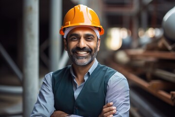 Smiling portrait of a happy male indian architect or developer working on a construction site