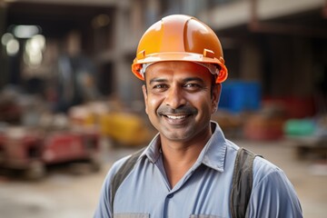 Smiling portrait of a happy male indian architect or developer working on a construction site