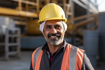 Smiling portrait of a happy male indian architect or developer working on a construction site