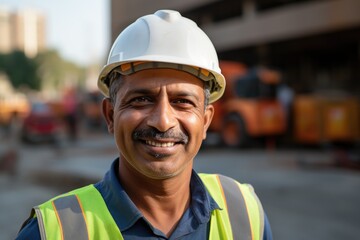 Smiling portrait of a happy male indian architect or developer working on a construction site