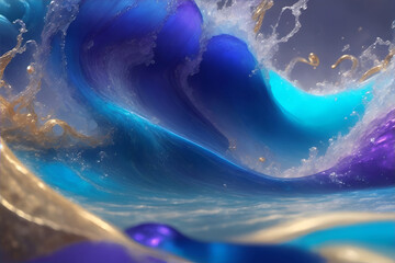 Magical Rainbow Blue Big Waves Detailed Abstract Background, Blue and Gold Flowing Splash Liquid Painting, generative ai	
