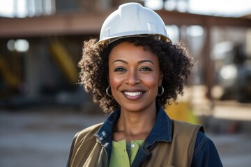 Smiling portrait of a happy female african american architect with a hard hat on a construction site