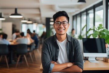 Obraz premium Smiling portrait of a happy young asian man working for a modern startup company in a business office