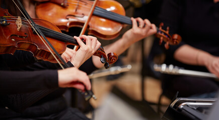 Close up of musician hands playing violin
