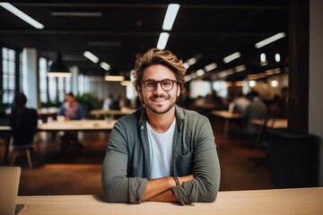 Obraz premium Smiling portrait of a happy young caucasian man working for a modern startup company in a business office