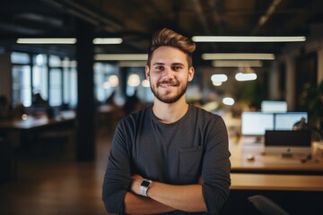 Obraz premium Smiling portrait of a happy young caucasian man working for a modern startup company in a business office