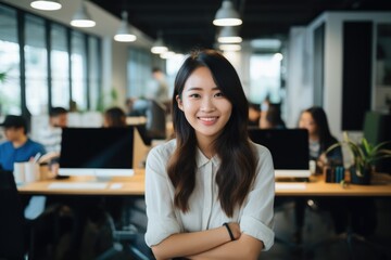 Smiling portrait of a happy young asian woman working for a modern startup company in a business office