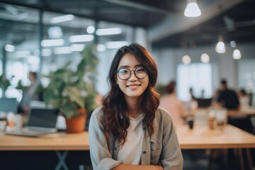 Smiling portrait of a happy young asian woman working for a modern startup company in a business office