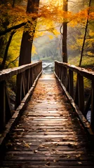 Fototapeten A pathway covered in leaves, leading to a rustic wooden bridge. © Kosal