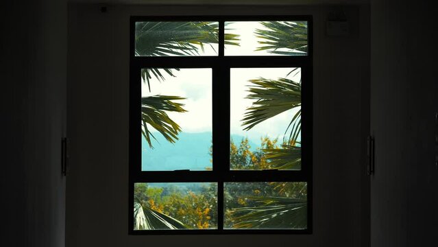 Palm leaves swaying on the wind outside the hotel window on tropical island with mountains on background, high quality 4K travel vacation mood concept. Thailand.