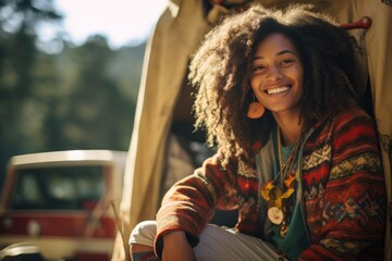 Young happy african american hipster woman living in a van off the grid - obrazy, fototapety, plakaty