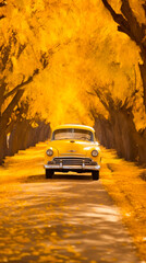 Obraz na płótnie Canvas A vintage car driving through a lane covered in golden leaves.