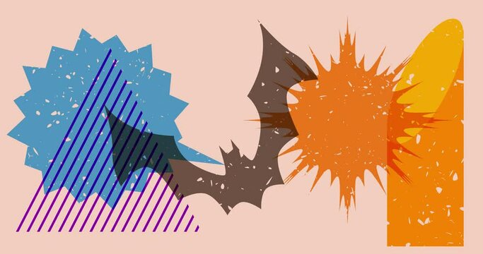 Risograph Halloween Bat and speech bubble with geometric shapes animation. Moving Scary holiday object in trendy riso graph design. Geometry elements, print texture style video.