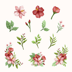Beauty hibiscus bright color flower element bouquet with blossom, bud, leaves, branch for wedding