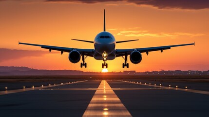 A large jetliner taking off from an airport runway at sunset or dawn with the landing gear down and the landing gear down, as the plane is about to take off. - obrazy, fototapety, plakaty