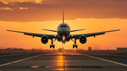 A large jetliner taking off from an airport runway at sunset or dawn with the landing gear down and the landing gear down, as the plane is about to take off.