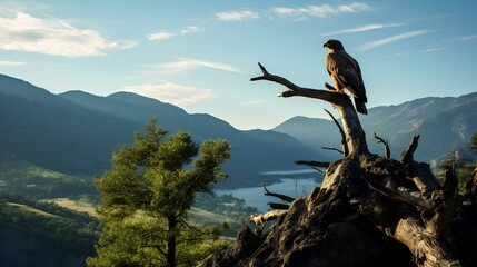 An eagle perched on a tree branch at the edge of a mountain