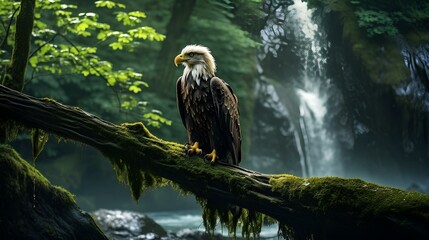 An eagle perched on a tree branch by a waterfall