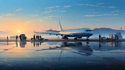 people prepared to fly in their private plane, on a runway with rain reflections on the concrete,...