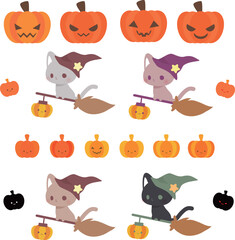 ハロウィン・魔法のホウキにのった魔法使い猫のイラストとジャックオランタン（カボチャお化け）