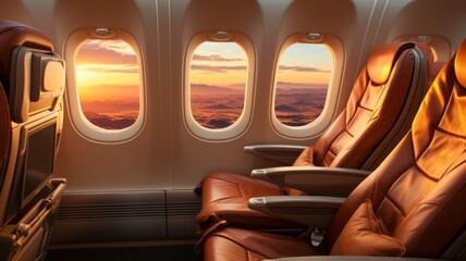 Luxury seats on the plane with a spectacular sunset view, leather finish