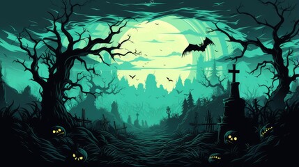 halloween pumpkins with castle under the moonlight. dark night forest full moon. graveyard silhouette halloween abstract background.