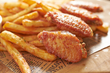 Chicken wings and French fries on a cutting board