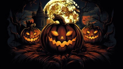 halloween pumpkins under the moonlight. graveyard silhouette halloween abstract background.
