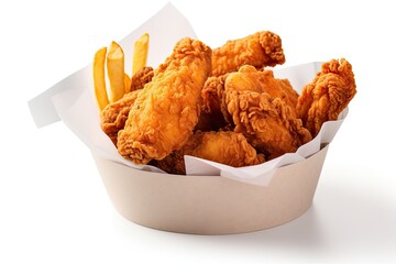 Fried chicken in paper bucket isolated on white background, Fried chicken on white With clipping path