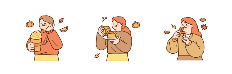 all food and desserts. People holding drinks, cakes and pies. And a woman wearing fall-colored makeup.