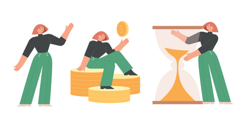 A business woman is raising her hand and explaining. She is sitting on a stack of coins and looking at her hourglass.