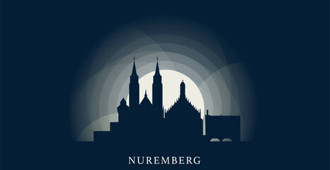 Germany Nuremberg cityscape skyline city panorama vector flat modern banner illustration. Central Europe Bavaria region emblem idea with landmarks and building silhouettes at sunrise sunset night