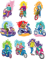 Vector of different pose references people with motorcycle