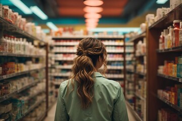 Rear view of woman looking at shelves with medicines in drugstore