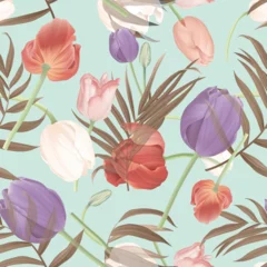 Gordijnen Floral seamless pattern, colorful tulips and palm leaves on blue © momosama