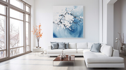 Bright living room interior with white empty wall. 3d Interior design. Generative AI