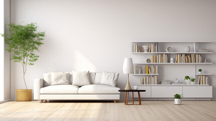Fototapeta na wymiar Bright living room interior with white empty wall. 3d Interior design. Generative AI