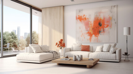 Bright living room interior with white empty wall. 3d Interior design. Generative AI