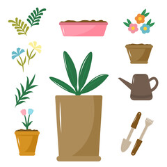 Spring garden equipment nature vector icon set with flowerpots. set of gardening tools and plants.