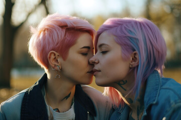 Fototapeta premium Lesbian Couple at the Park - ai generated