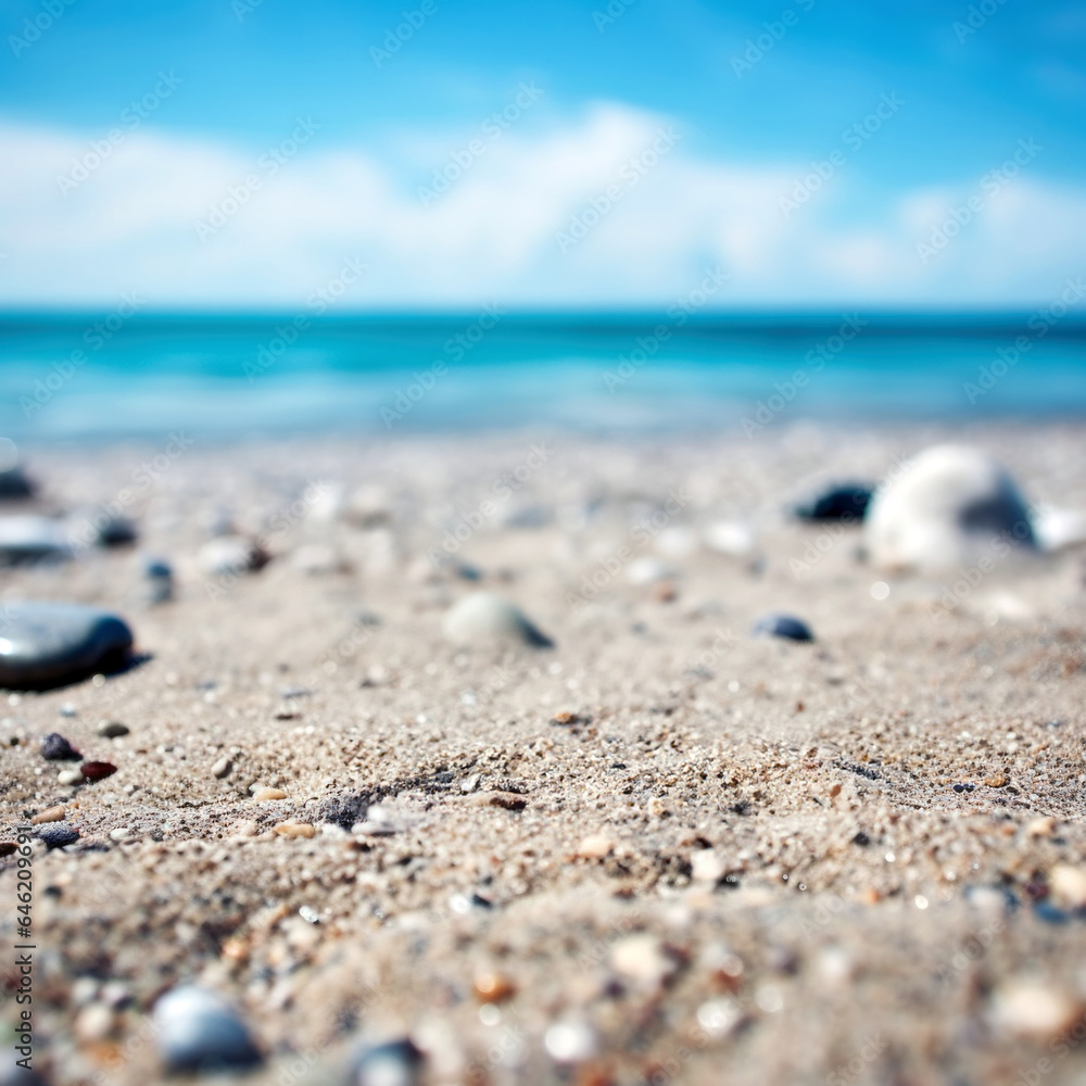 Poster empty sandy beach with pebbles and blurred tropical beach background. focus on the foreground. shall