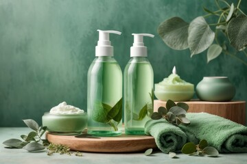 SPA cosmetics products branding mockup. Clear pump shampoo bottle on towel, moisturizer cream jar, and eucalyptus leaves on green background. Natural herbal beauty products design