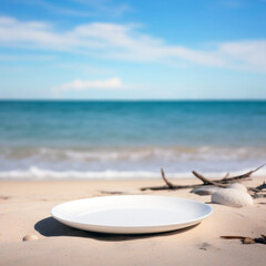 Fototapeta na wymiar Empty plate white on the sandy beach with blurred sea and blue sky background. High quality photo